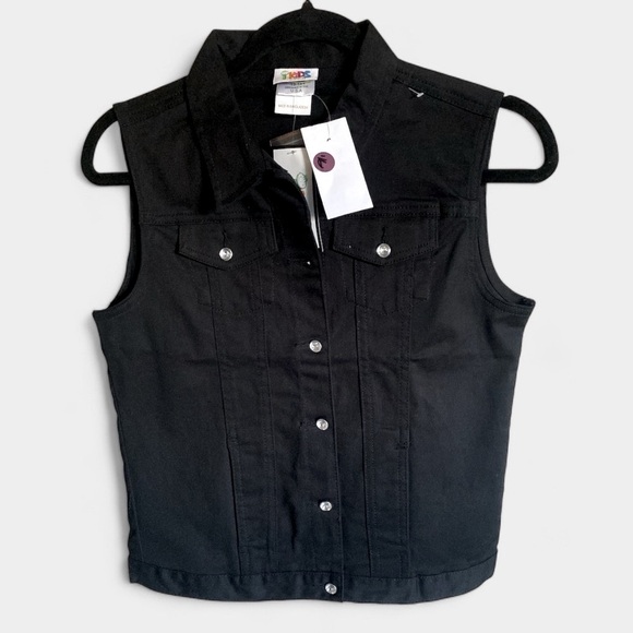 Cropped Denim Vest solid Black Tapered Rhinestone Buttons Grunge Size 13-14Y NWT - Picture 1 of 6